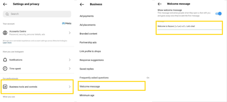 فعال‌کردن پیام خوشامدگویی اینستاگرام